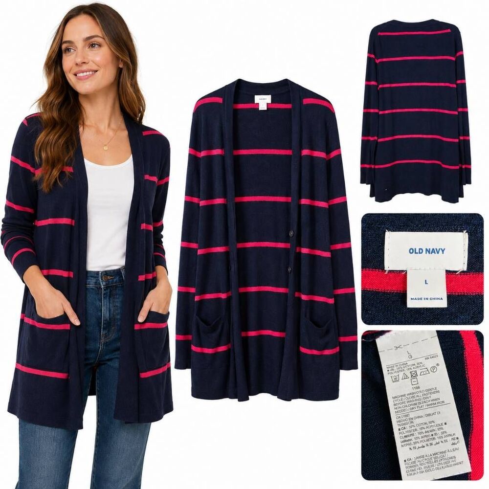 Old Navy Large Navy Pink Stripe Long Cardigan Pockets